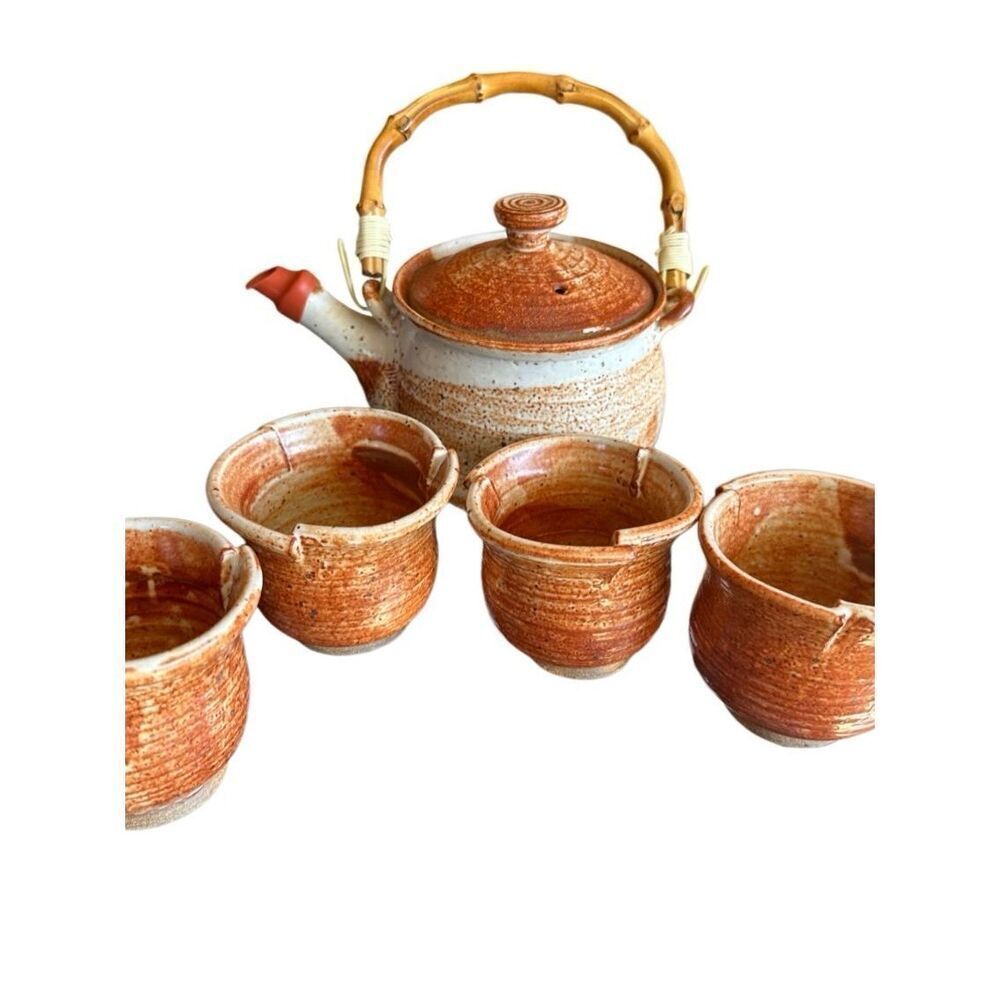 Handmade Rustic Stone Studio Pottery “Mingei-sota” Style Tea Pot & 4 Unique‎ Tea